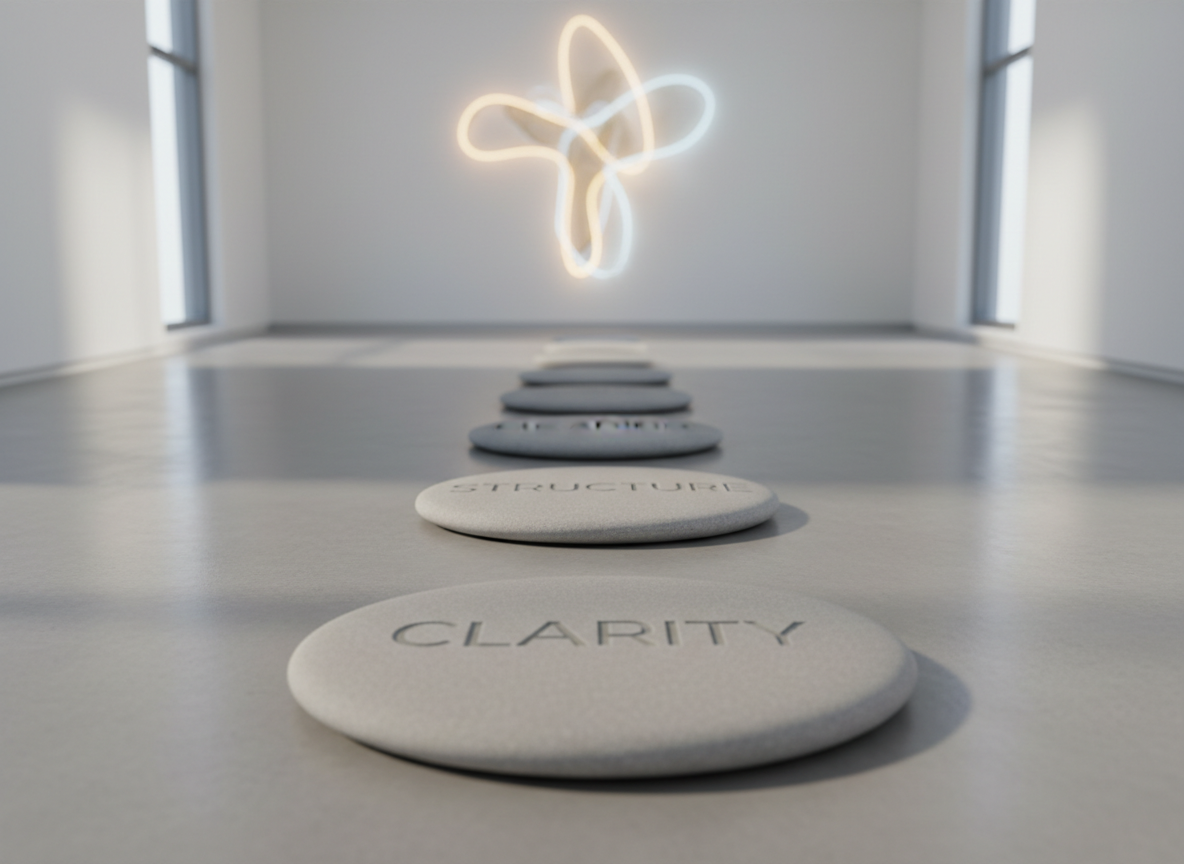 A symbolic “path of growth” scene created on a smooth concrete floor: a deliberate line of flat, rounded stepping stones, each labeled in subtle, engraved lettering with words like “Clarity,” “Structure,” “Practice,” and “Meaning.” The stones lead toward a softly glowing, abstract light shape on a minimalist wall, hinting at purpose and abundance without literal imagery. Cool, diffused daylight enters from high windows, creating soft, elongated shadows that draw the eye along the path. Photographed from a low, forward-facing angle at stone level, the nearest stone is in crisp focus while the distant glow gently blurs, emphasizing progression. The style is clean, modern, and photographic, with a calm, aspirational mood that conveys intentional, step-by-step transformation in life coaching.