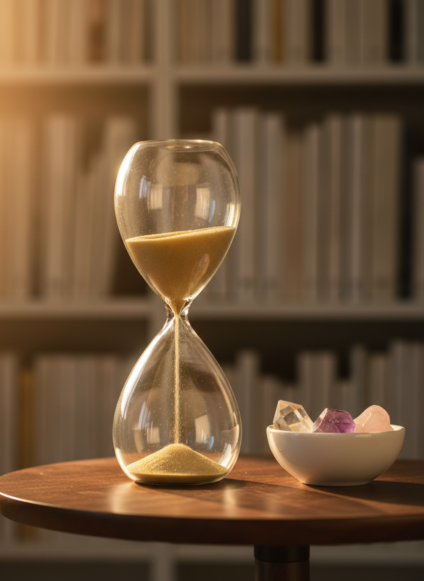 An elegant glass hourglass partially filled with fine golden sand, standing on a smooth, dark walnut side table beside a single, minimalist white ceramic bowl containing a few carefully selected crystals. Behind them, a blurred bookshelf reveals rows of neatly arranged books with subtle, neutral-colored spines, suggesting knowledge and growth without distracting titles. A soft beam of golden hour sunlight filters in from the left, catching individual grains of sand in mid-fall and creating a luminous halo around the hourglass. Shot with a shallow depth of field from a slightly low angle, the hourglass dominates the frame while the background remains gently out of focus. The mood is reflective, timeless, and quietly powerful, with realistic photographic detail and a warm, professional, spiritually attuned atmosphere.