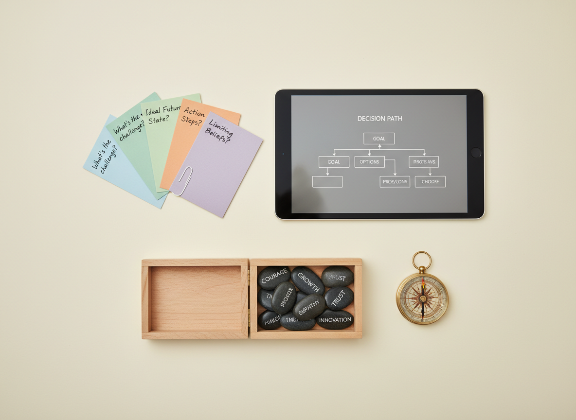 A precisely arranged coaching “toolkit” flat lay on a pale, matte background: color-coded index cards with succinct, handwritten prompts; a slim digital tablet displaying a minimalist flowchart; a small, smooth wooden box slightly open to reveal polished stones etched with values-based words; and a simple brass compass pointing steadily north. Soft, even studio lighting eliminates harsh shadows, creating a calm, professional clarity across all objects. Shot from directly overhead with balanced spacing between elements, the composition subtly follows the rule of thirds, guiding the eye from structure (cards and tablet) to meaning (stones and compass). Photographic realism with clean lines and muted, sophisticated colors, evoking a sense of organized possibility and the integration of practical executive function tools with deeper spiritual direction.