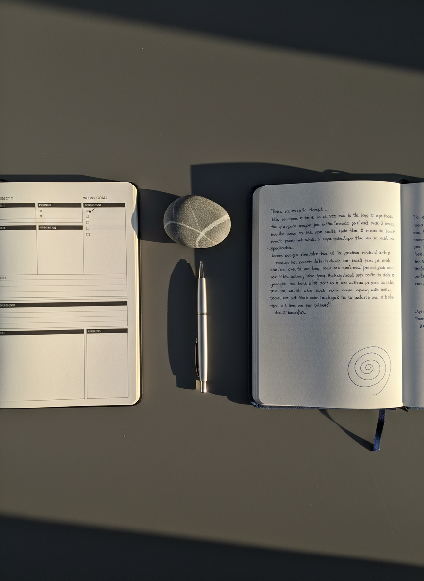 A close-up of a balanced dual-notebook setup on a smooth, charcoal-gray tabletop: on the left, a structured planner with tidy checkboxes and timelines; on the right, a textured, deep-blue journal filled with flowing, reflective handwriting and a simple hand-drawn spiral. Between them rests a polished river stone and a slim, silver pen placed perfectly perpendicular, symbolizing the meeting point of efficiency and soul. Warm late-afternoon light slants in from the right, casting elongated, gentle shadows and creating a contemplative ambiance. The camera is positioned overhead, creating a clear, symmetrical composition that subtly favors the center connection point. Photographic realism with a clean, professional aesthetic, muted colors, and a calm, focused mood that reinforces the fusion of executive function tools with spiritual introspection.