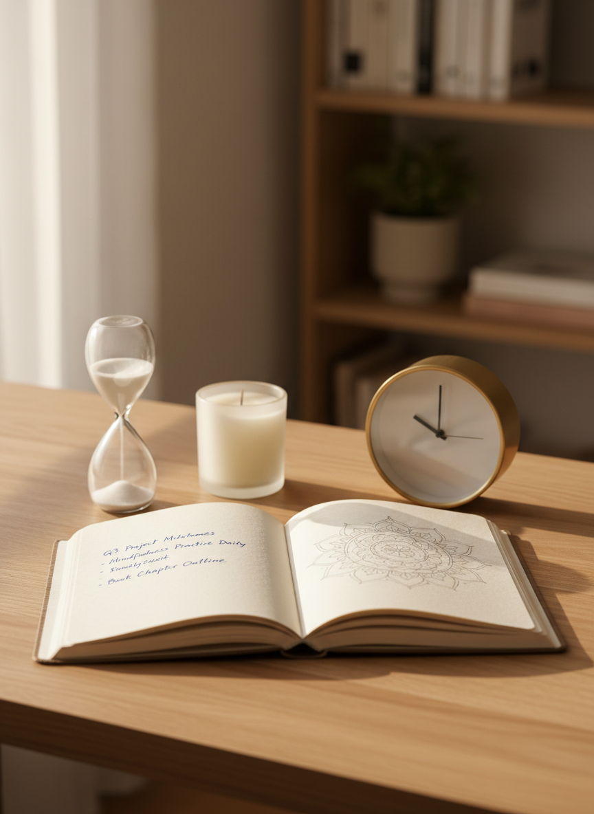 A meticulously organized wooden desk surface symbolizing balanced executive function and spiritual clarity. At the center, an open linen-bound journal displays neatly written goals on one page and a softly sketched mandala on the other. A sand timer with fine white sand sits beside a minimalist brass desk clock, both aligned with precision. A single white candle in a frosted glass holder is unlit yet central, suggesting inner stillness. Soft morning light from an unseen window washes across the desk, creating gentle highlights on the paper texture and subtle shadows from the objects. Shot at eye level with a shallow depth of field, keeping the journal in crisp focus while the background fades into a warm, neutral blur. The mood is calm, intentional, and professional, rendered in clean photographic realism.