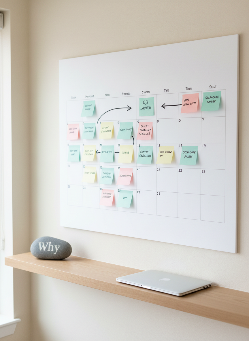 A serene, uncluttered coaching workspace focused on a large, matte white wall calendar filled with color-coded sticky notes and carefully drawn arrows connecting key priorities. Below, a smooth light-oak shelf holds a small polished stone inscribed with the word “Why” and a sleek, closed laptop, suggesting integration of purpose with planning. Diffused daylight from the left creates a soft, even glow, accentuating the pastel colors and clean lines. The atmosphere feels spacious, grounded, and quietly motivational. Captured from a slightly elevated angle with a moderate depth of field so the calendar details remain clear while the lower shelf softly blurs. The photographic style is modern and minimalist, emphasizing order, focus, and the harmony between strategic structure and deeper meaning.